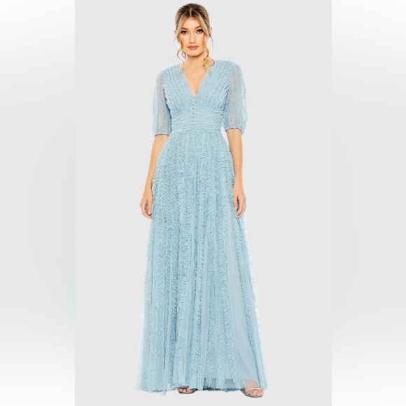 MAC DUGGAL | V Neck Puff Sleeve Ruffle Tiered A Line Gown - Picture 2 of 14